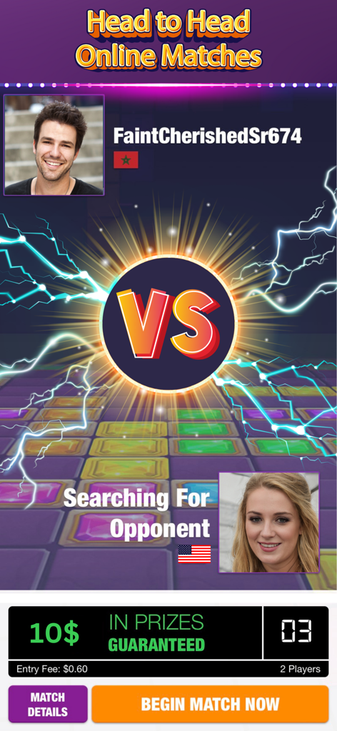 Block Puzzle Win Real Money - 10ドルの賞金プールを示すBlock Puzzle Win Real Moneyの直接対決オンライン対戦インターフェース。