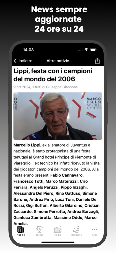 TuttoJuve app news article featuring Marcello Lippi and 2006 world champions