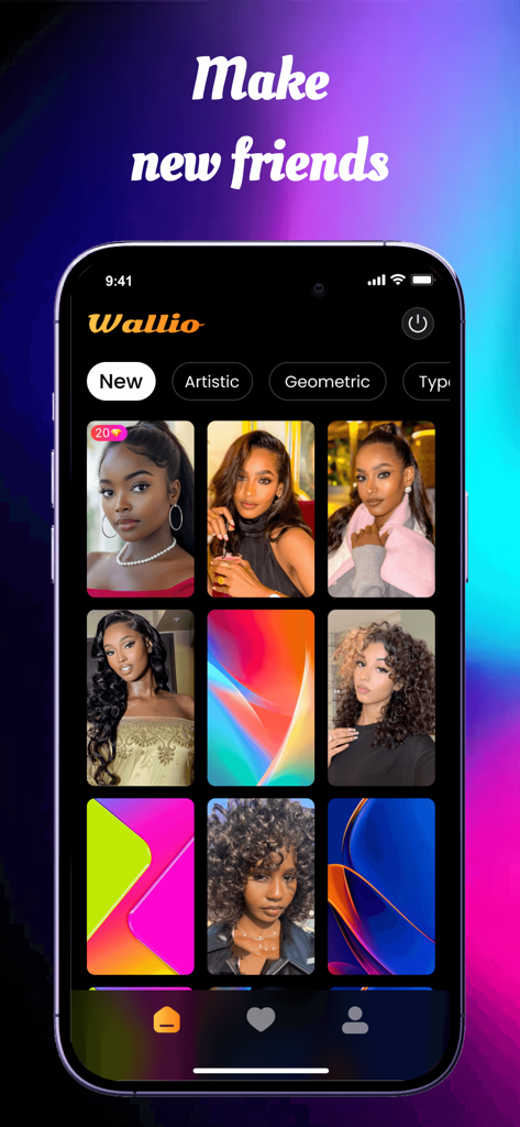 Wallio: Warm & Links - Wallio app interface showing a grid of diverse portrait and abstract wallpaper designs for iPhone.