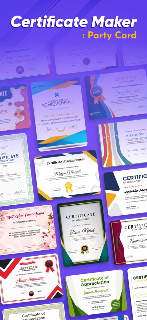 Certificate Maker :Party Card - Collection of professional and personalized certificate templates for recognition and awards.