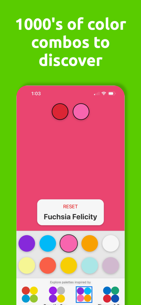 Color Mixer for Kids - Interfaz de la aplicación Color Mixer para Niños que muestra un resultado de color fucsia de la mezcla y una paleta vibrante de colores seleccionables