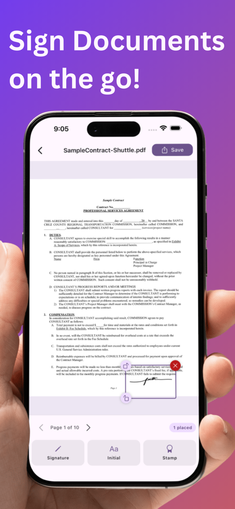 Sign PDF : Secure eSignature - 署名、イニシャル、スタンプのオプションを備えた、Sign PDFアプリのモバイル電子署名インターフェースを示すiPhone画面