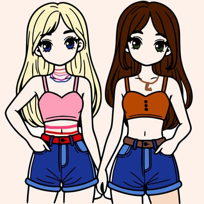 two sisters with crop tops and jean shorts and straight hair