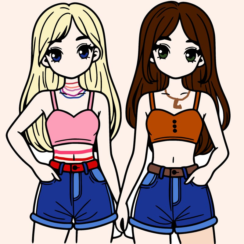 two sisters with crop tops and jean shorts and straight hair