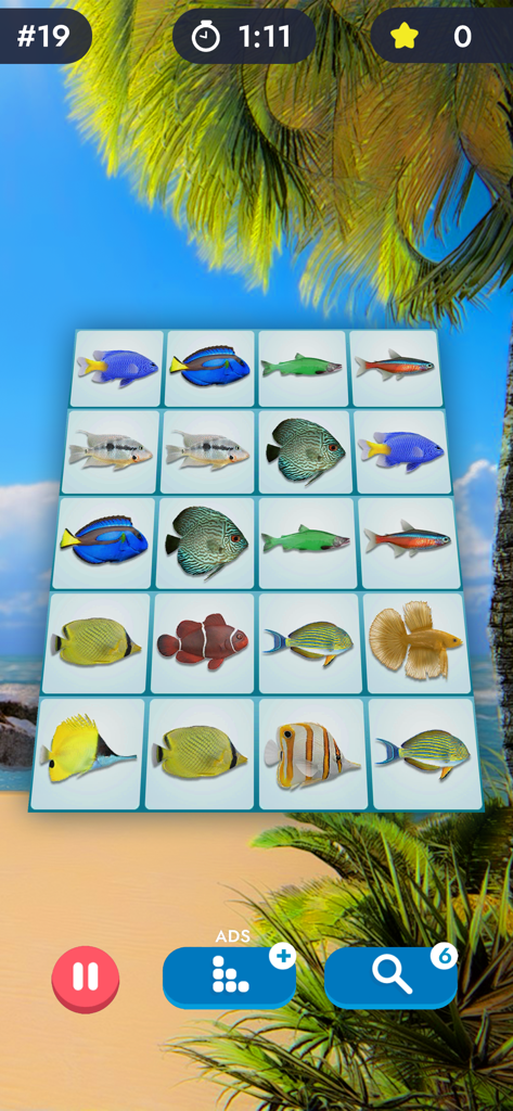 Match Pairs 3D: Matching Game - Match Pairs 3D game screen showing a grid of tropical fish icons over a beach background