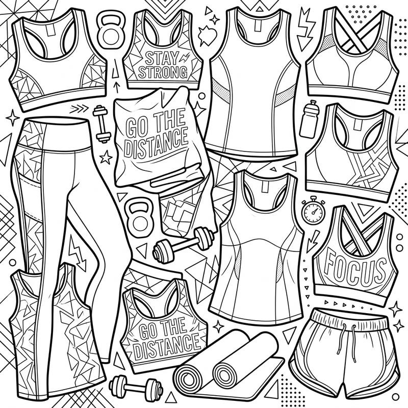 Get ready to sweat with our dynamic Gym Workout Activewear coloring page, featuring an array of stylish sports bras, leggings, and fitness essentials. This engaging design is perfect for fitness enthusiasts and fashion lovers looking to add a splash of color to their active lifestyle.