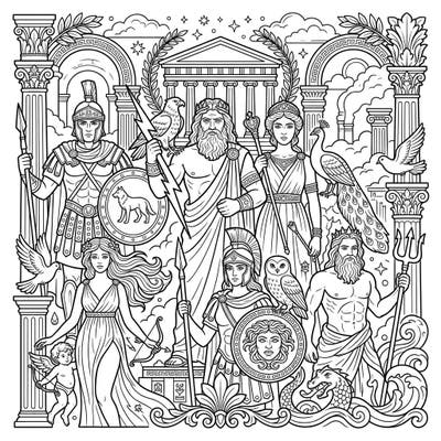 Embark on an epic artistic journey with our Roman Gods & Goddesses coloring page, showcasing the powerful deities of ancient Rome. This richly detailed illustration is perfect for mythology enthusiasts and those seeking a captivating creative challenge.