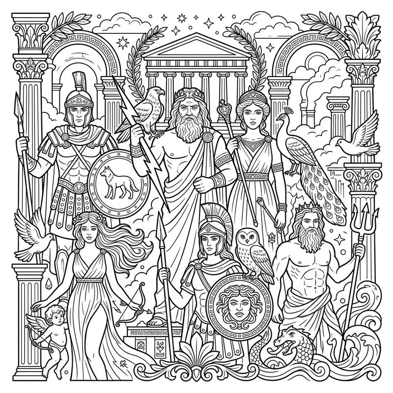 Embark on an epic artistic journey with our Roman Gods & Goddesses coloring page, showcasing the powerful deities of ancient Rome. This richly detailed illustration is perfect for mythology enthusiasts and those seeking a captivating creative challenge.
