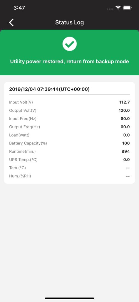 PowerPanel Cloud - A status log entry in the PowerPanel Cloud app showing utility power restoration and detailed UPS metrics