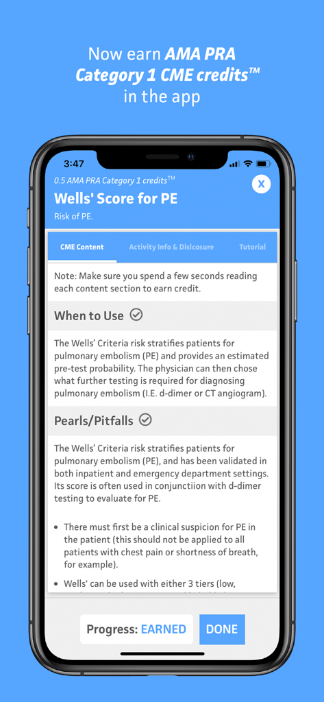 MDCalc Medical Calculator - Smartphone screen showing MDCalc app CME content for Wells Score for PE with earned credit status.
