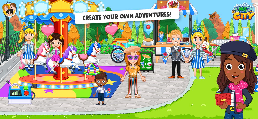 My City: Paris Family Trip - マイシティ パリ ファミリートリップアプリで、パリの公園のカルーセルで遊ぶカートゥーンキャラクターたち