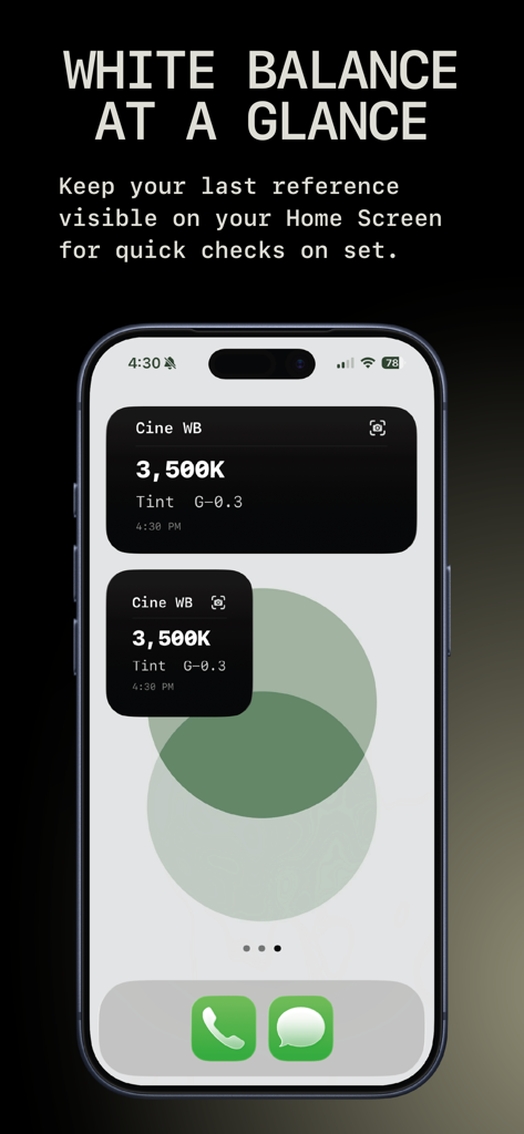 CINE WHITE BALANCE - Widgets de la aplicación Cine White Balance en la pantalla de inicio de un iPhone mostrando datos en tiempo real de Kelvin y Tinte para una referencia rápida en el set.