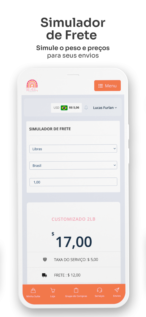 Captura de tela do simulador de frete do aplicativo Yeda Personal Shopper mostrando cálculos de custos de envio dos EUA para o Brasil.