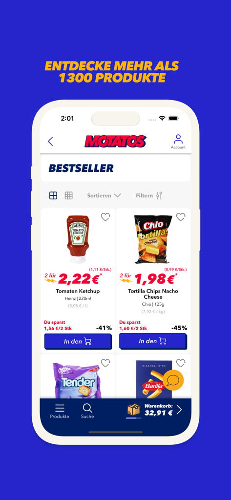 Motatos mobile app displaying discounted grocery products like ketchup and snacks
