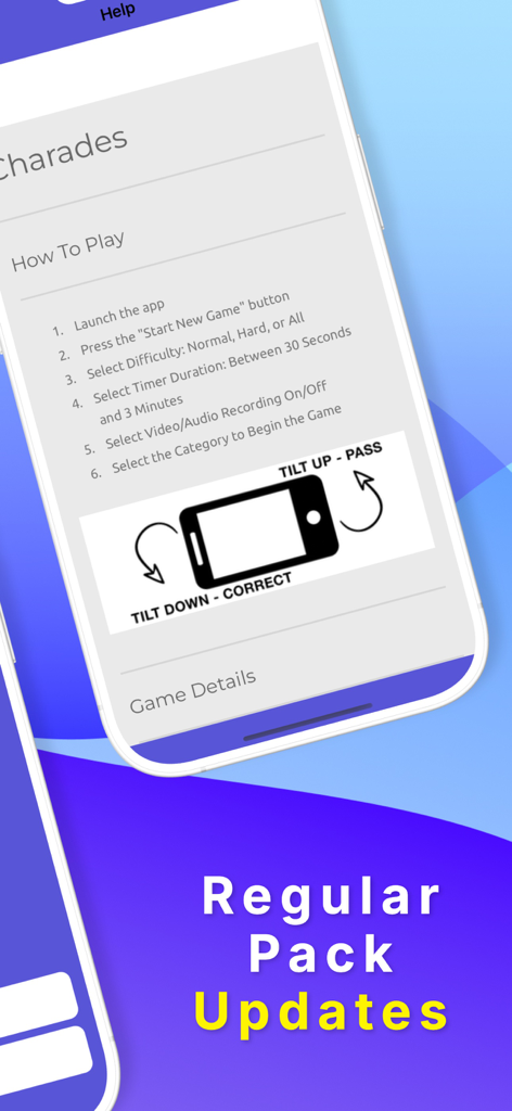 Heads Up 7 Up - Ein Tutorial-Bildschirm für die Heads Up 7 Up Pantomime-App, der Schritt-für-Schritt-Anleitungen und eine Grafik für die Handy-Kippmechanik zeigt.