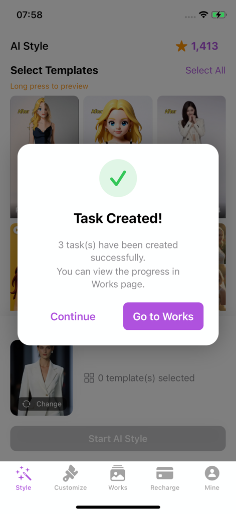 AI.Genie - 패션 AI 처리를 위해 세 가지 작업이 생성되었음을 보여주는 AI Genie 앱 성공 메시지.
