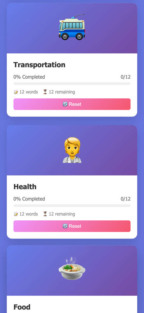 English Easy –Learn Vocabulary - Vocabulary themes for Transportation, Health, and Food in the English Easy app