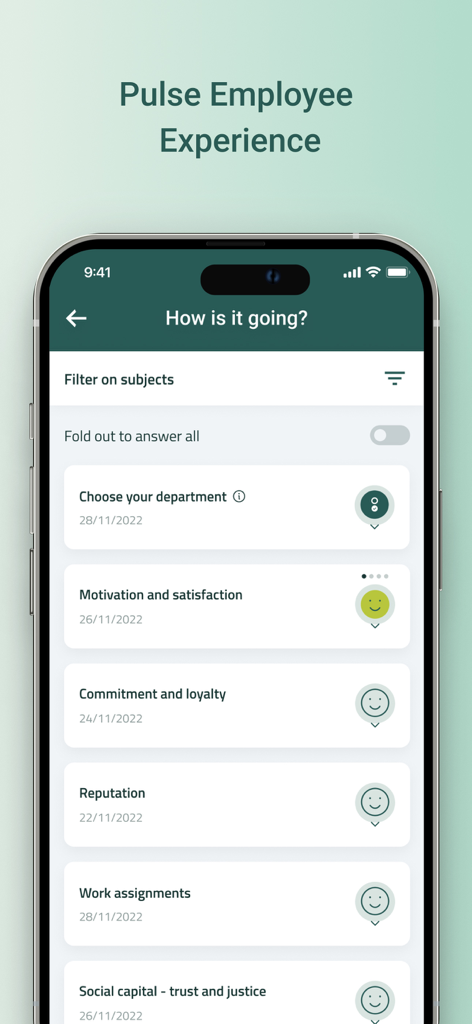 MyWorkplace - MyWorkplace app screenshot showing an employee experience pulse survey with categories for motivation satisfaction and commitment