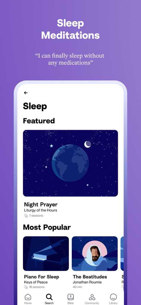 Interfaccia dell'app Hallow che mostra sessioni di meditazione per dormire e preghiere notturne.