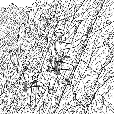 Embark on an exhilarating coloring journey with our Traditional Climbers scene. This intricate line art captures the spirit of adventure as two climbers conquer a towering rock face.
