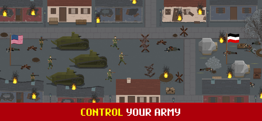 Trench Warfare WW1: Army War - Batalla estratégica pixel art de un juego que muestra tanques y soldados en una ciudad destruida con el texto controla tu ejército