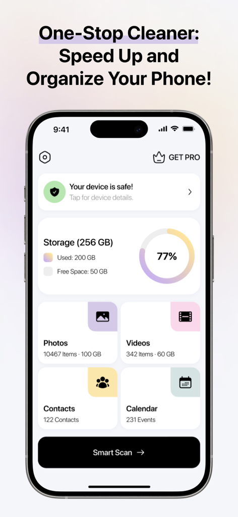 Sparkle - Cleaner App - Interface of the Sparkle Cleaner app showing storage usage percentage and quick access categories for cleaning photos videos contacts and calendar