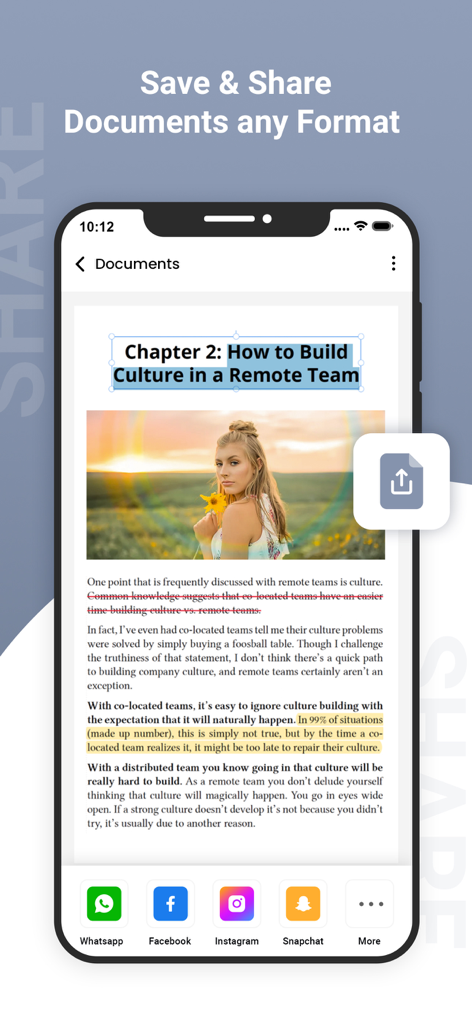 PDF Reader - Read PDF Files - A mobile interface of a PDF reader app showing document sharing options for various social media platforms