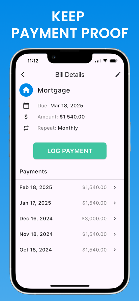 Bills: Organizer & Reminder - Interfaz que muestra los detalles de la factura de la hipoteca y una lista de los pagos mensuales anteriores.
