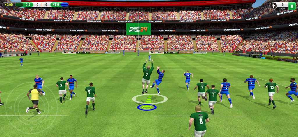 Capture d'écran de gameplay de Rugby Nations 24 montrant un joueur sautant pour attraper le ballon lors d'un match dans un stade bondé.