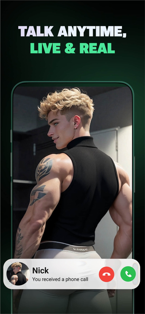 Flipped:Chat with AI Character - Mobile screen showing a live voice call interface with a realistic male AI character in the Flipped app