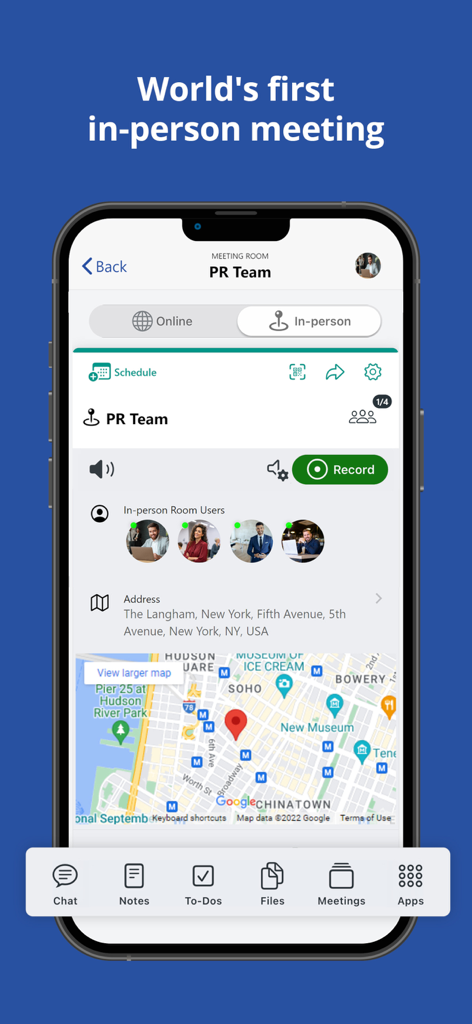 Qik Office - Qik Office mobile app interface showing an in-person meeting room setup for a team including location map and participant profiles