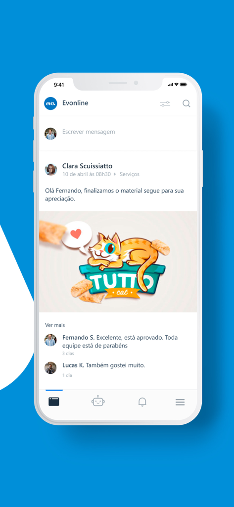Evonline Marketing Digital - Tela do aplicativo Evonline exibindo uma atualização de projeto criativo com comentários e aprovação do cliente.