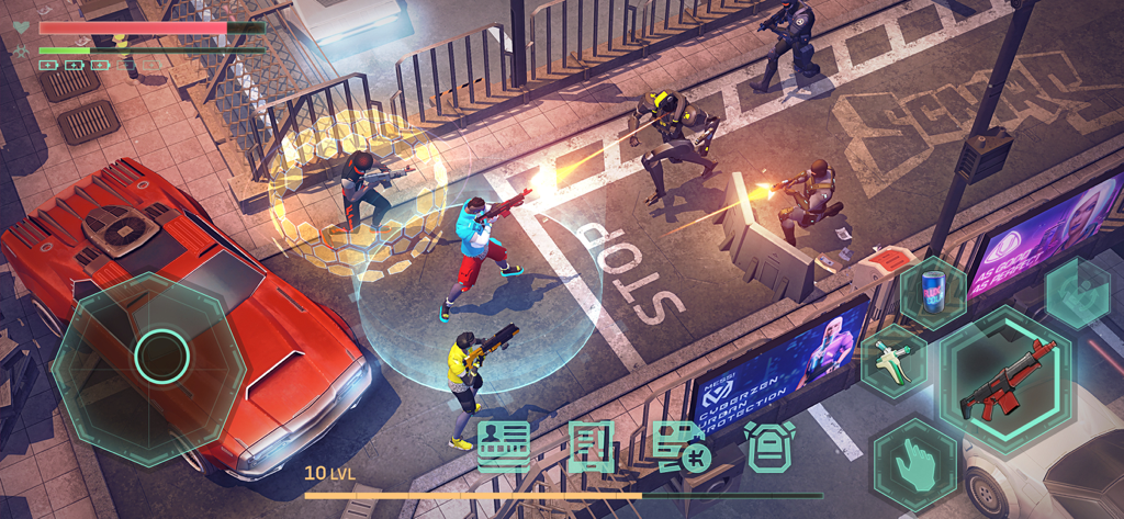 Cyberika: Action Adventure RPG - Combate isométrico lleno de acción en Cyberika con personajes con escudos de energía y armas en una calle cyberpunk.