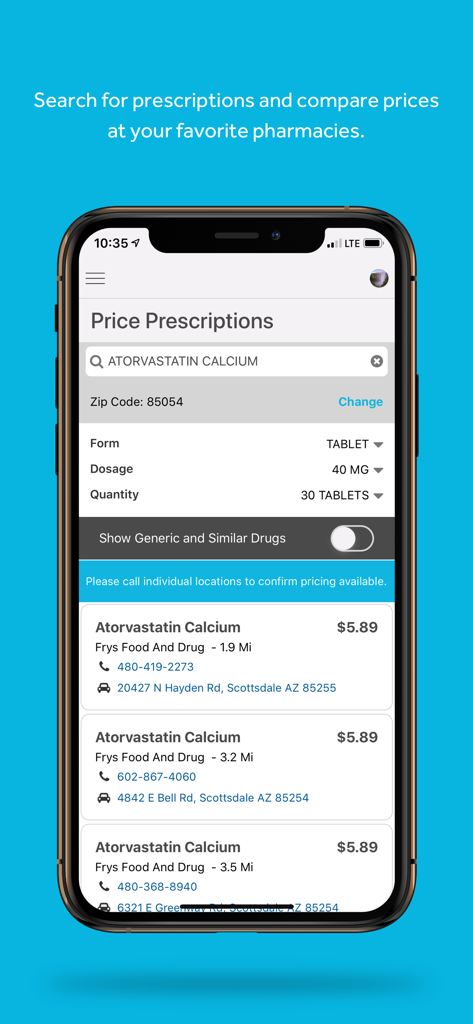 HY - Pantalla de la aplicación HealthiestYou que muestra una búsqueda de precios de medicamentos recetados en farmacias locales