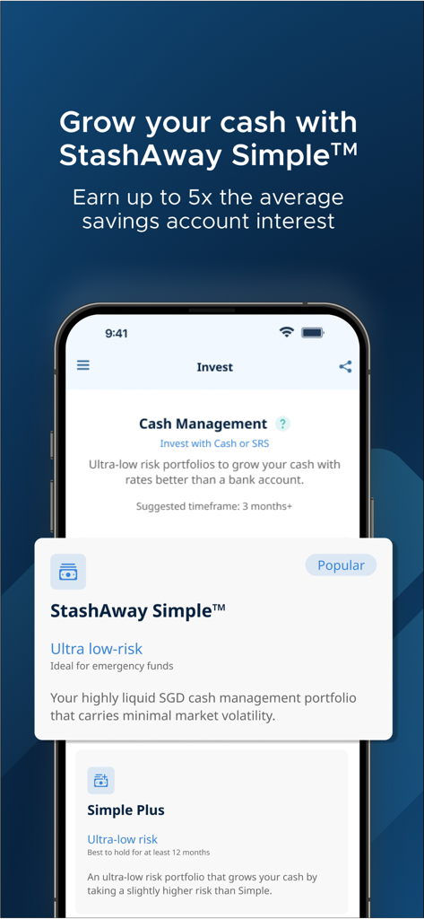 StashAway: Simple Investing - StashAway mobile app interface showcasing Simple and Simple Plus cash management investment options with high interest rates