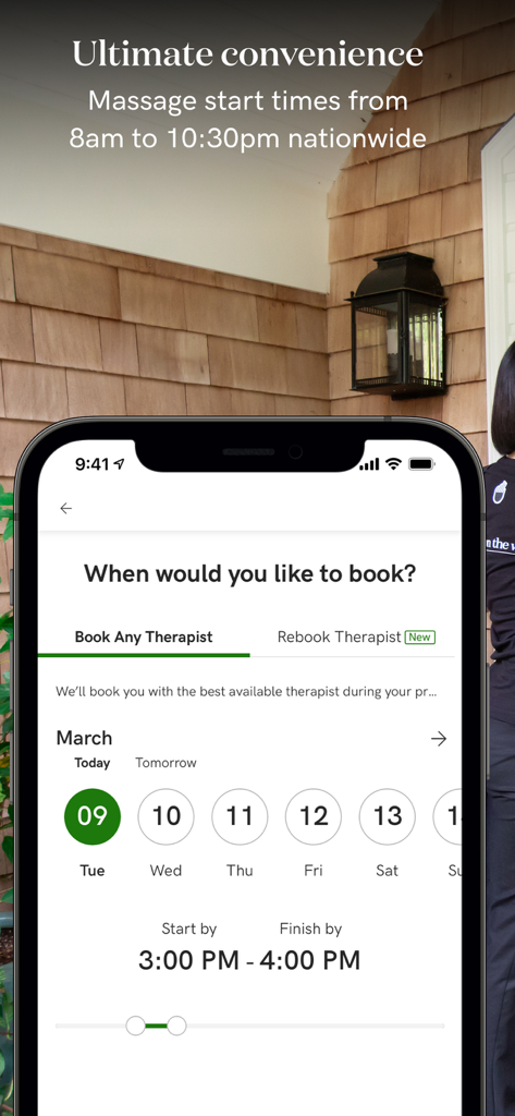 The Zeel app booking screen with date and time selection for a massage.