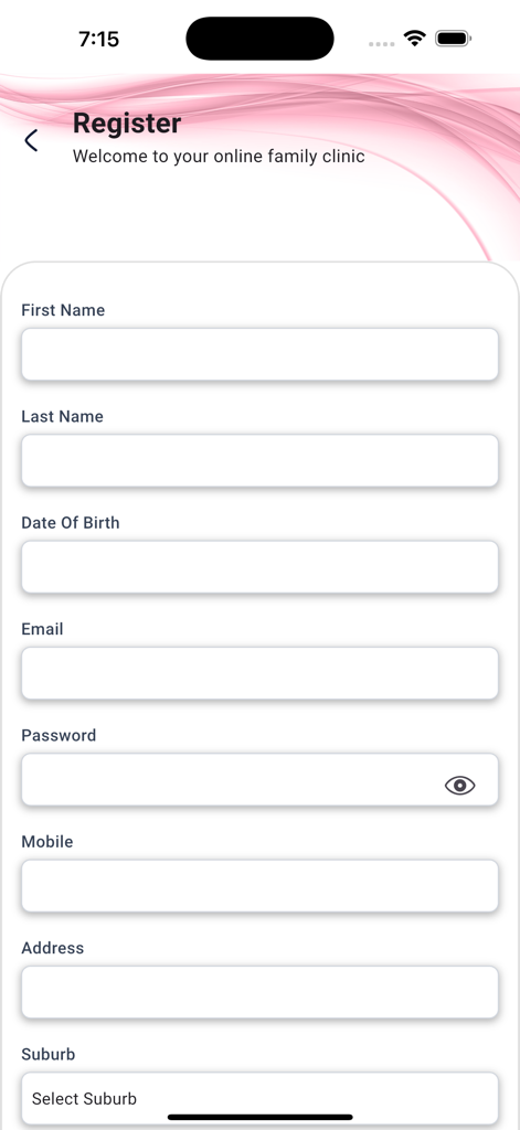 Prime Medic - Online Clinic - The registration form for the Prime Medic app where users enter their name, date of birth, and contact details.