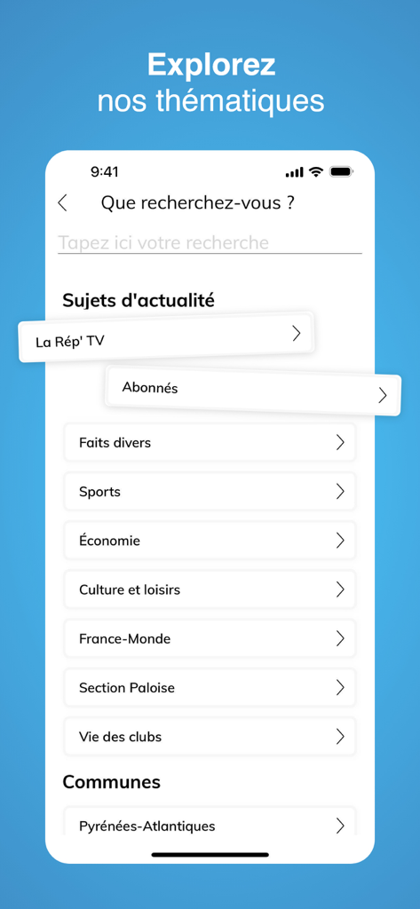 La République des Pyrénées - Search interface of the La Republique des Pyrenees app listing news topics like sports and culture