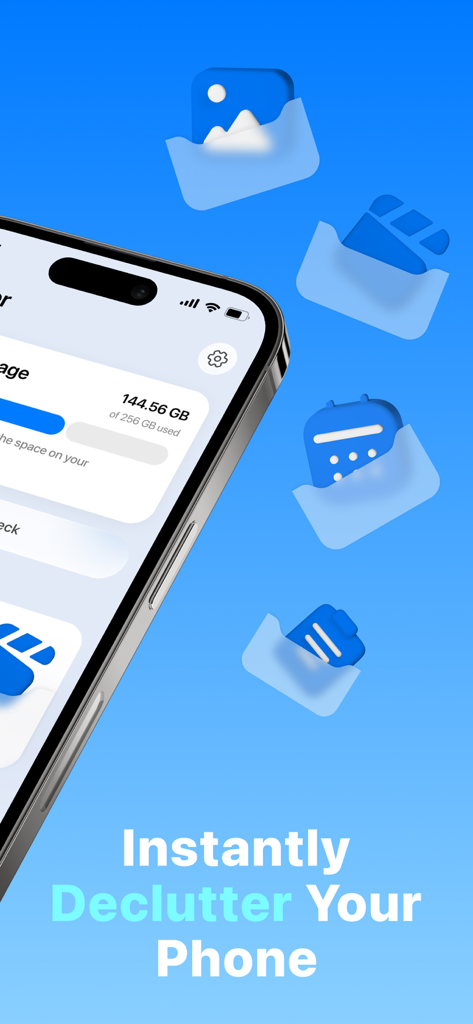 Oxio - Cleaner App - Oxio app interface showing storage usage and phone decluttering features