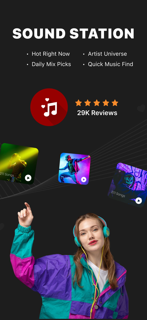 A young woman wearing headphones with RYT Music Player features including trending music and high ratings