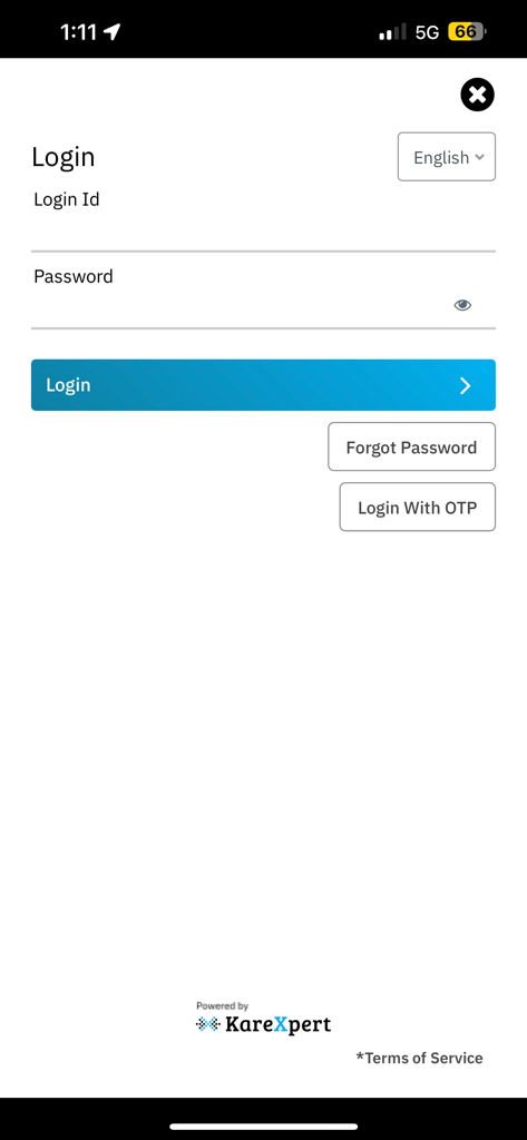 Artemis PHR app login interface with password and OTP options.