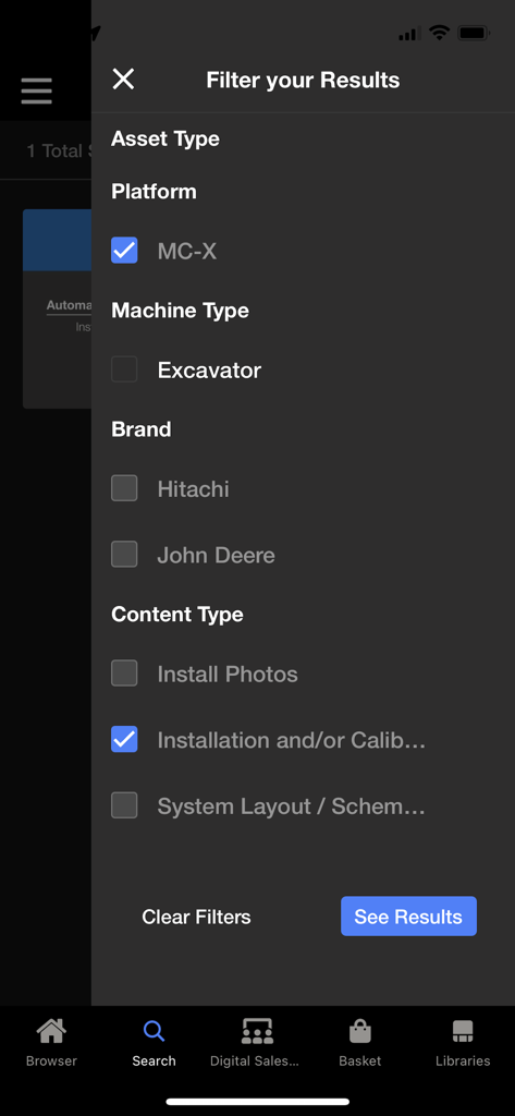 myTopcon NOW! - Screen showing search filter options for equipment platform brand and content type in the myTopcon NOW app