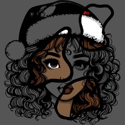 realistic girl with a santa hat curly hair and lips
