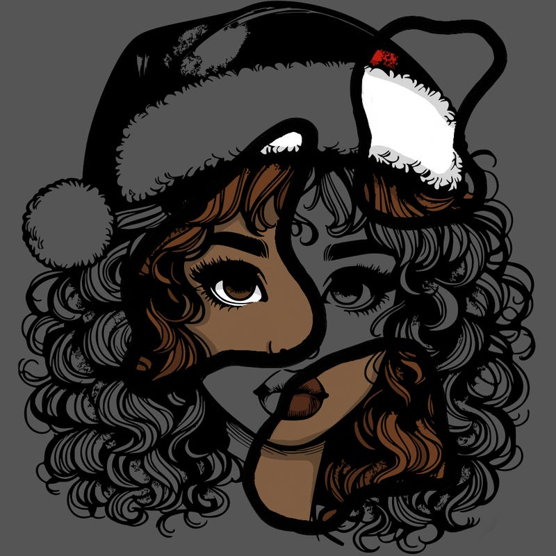 realistic girl with a santa hat curly hair and lips