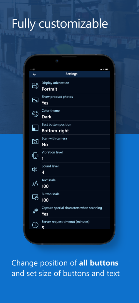 Microsoft Warehouse Management - Pantalla de configuración de la aplicación Microsoft Warehouse Management mostrando opciones de personalización para la posición de los botones y el tamaño del texto