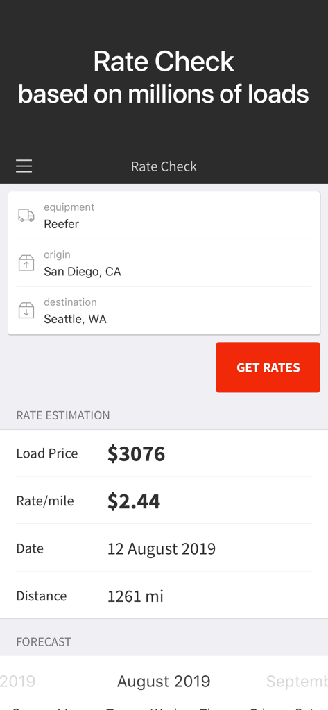 Doft Load Board, Truck Loads - Doft Load Board app Rate Check tool showing freight rate estimations and market forecasts for truckers.