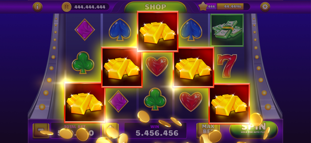 A big win screen in the Mega Casino app featuring gold bars and falling coins on a Vegas style slot machine