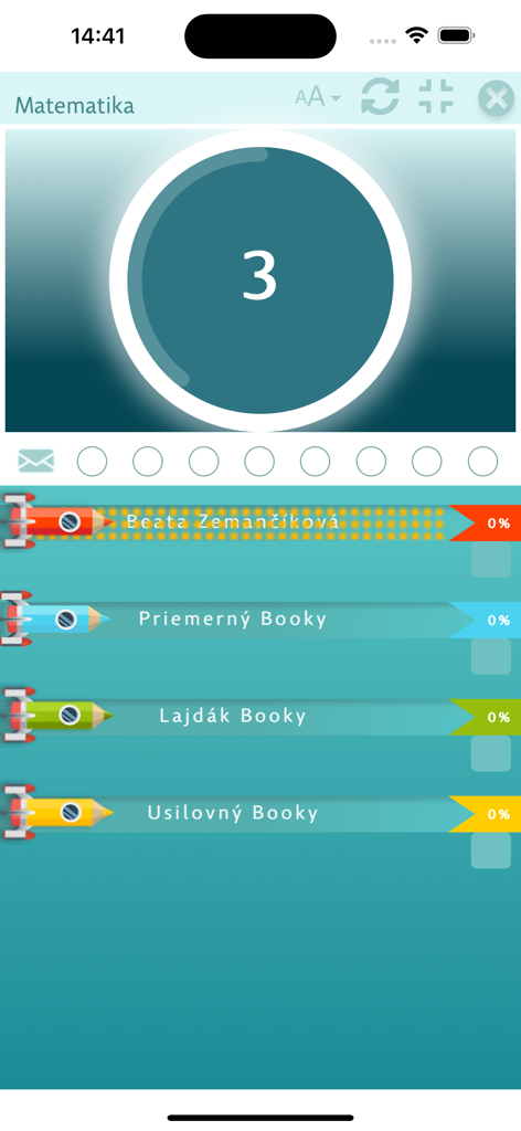 Smartbooks-App Mathe-Fortschritts-Rangliste mit Stift-Raketen-Charakteren