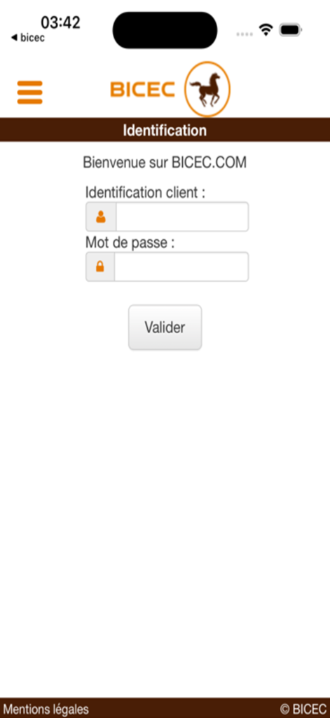 Interface de connexion pour l'application BICEC Mobile Banking