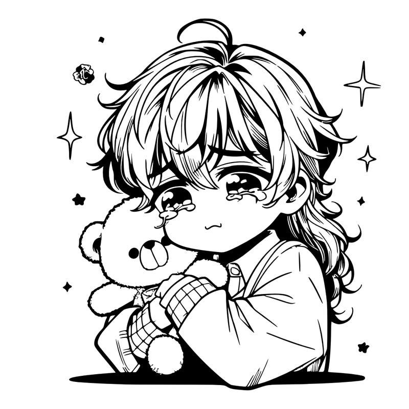 manga girl crying and hugging her teddy bear